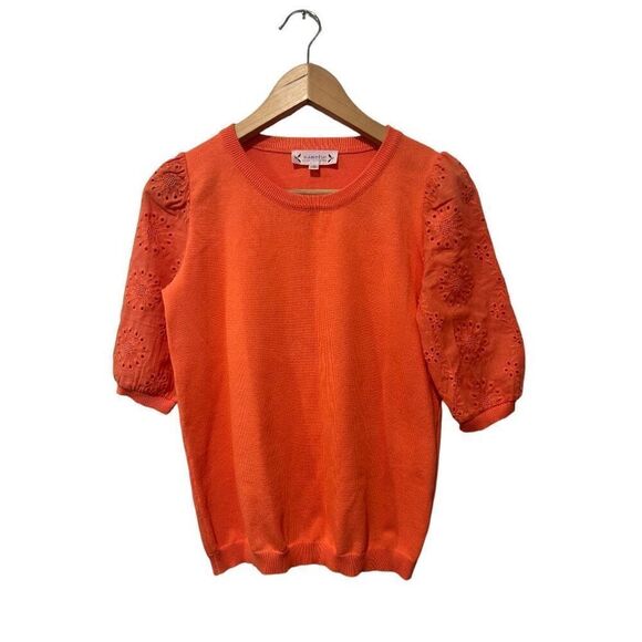 Nanette Lepore Vibrant Tangerine Orange 3/4 Sleeve Eyelet Lace Blouse Size XS - Picture 1 of 8